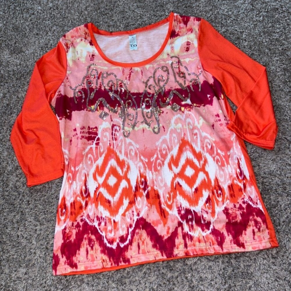 Thomas & Olivia orange bling 3/4 sleeve blouse t shirt medium